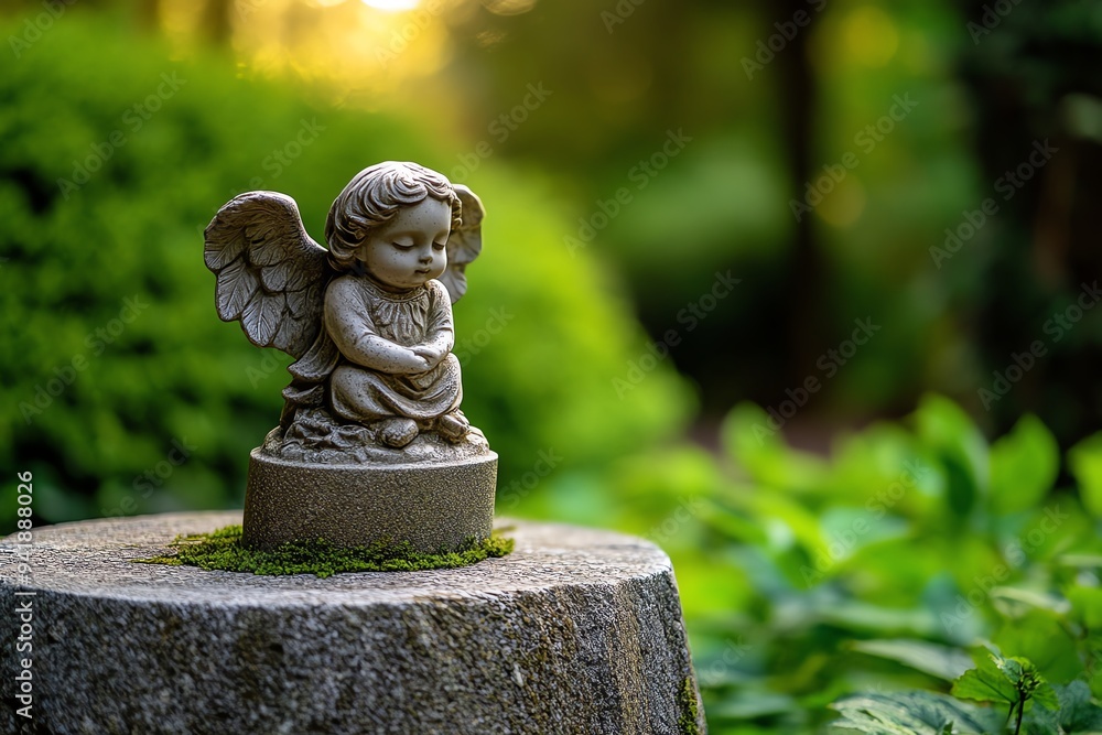 Poster a tombstone with a small angel sculpture on top, standing in a quiet, secluded graveyard, with soft 