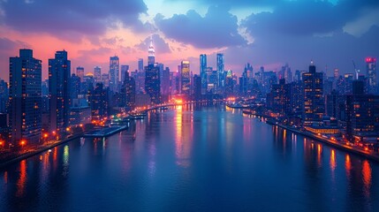 Obraz premium A breathtaking twilight view of a vibrant city skyline reflected over a shimmering river. Generative AI