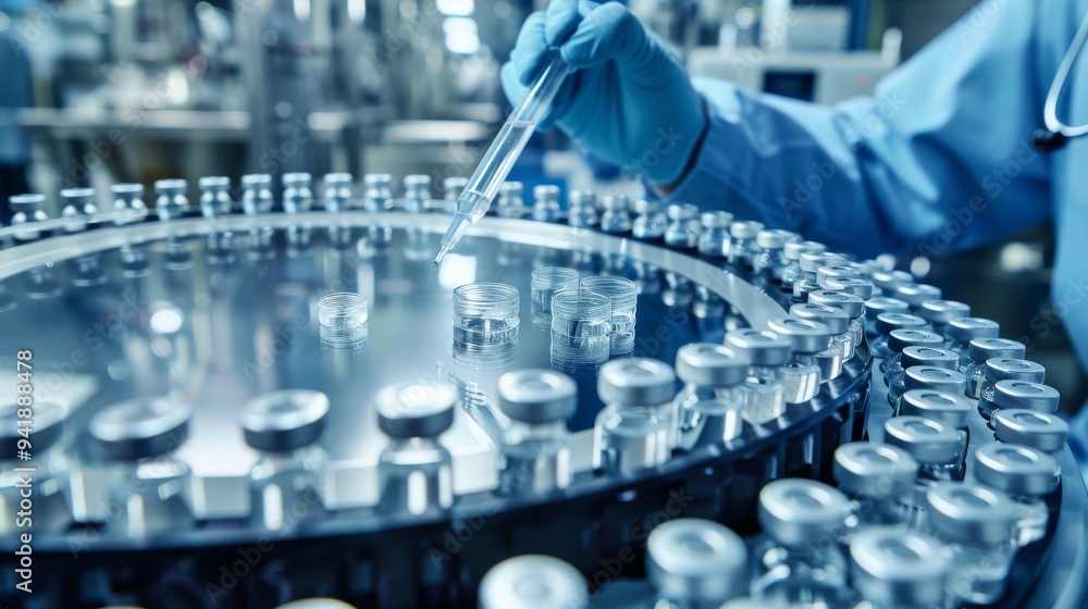 Aufkleber In a modern research facility, a lab technician in protective gloves and suit uses a pipette to collect samples. The lab is equipped with hightech instruments and sample vials are neatly arranged