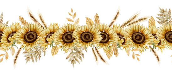 Obraz premium Sunflowers watercolor seamless border with spikelets and autumn branches. Illustration of fall yellow Flowers and wheats for harvest festival greeting cards or wedding invitations. Pattern for frame.