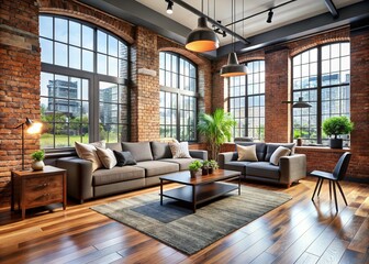 Fototapeta premium Contemporary living room with exposed brick walls, sleek hardwood floors, large windows, and minimalist decor, evoking a sense of modern industrial chic.
