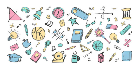 Doodle Set Back to School Supplies for Kids. Modern Collection Education Elements. Vector Illustration Hand Drawn icons, Book, Clock, Cube, Bulb, Basketball, Book, pen, notes, Brush, Magnifying glass.