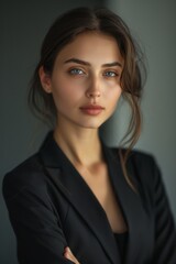 Fototapeta premium With an air of confidence, a businesswoman in a power suit stands in a contemporary office, showcasing her professionalism and determination in the afternoon light