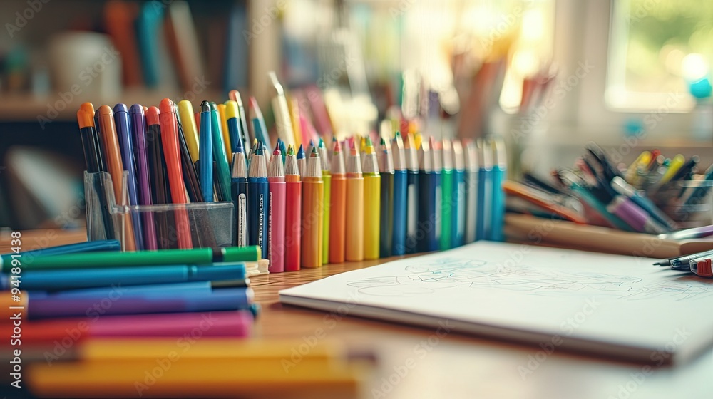 Poster detailed view of a workspace with colored pens arranged by color on a desk, alongside sketchpads and
