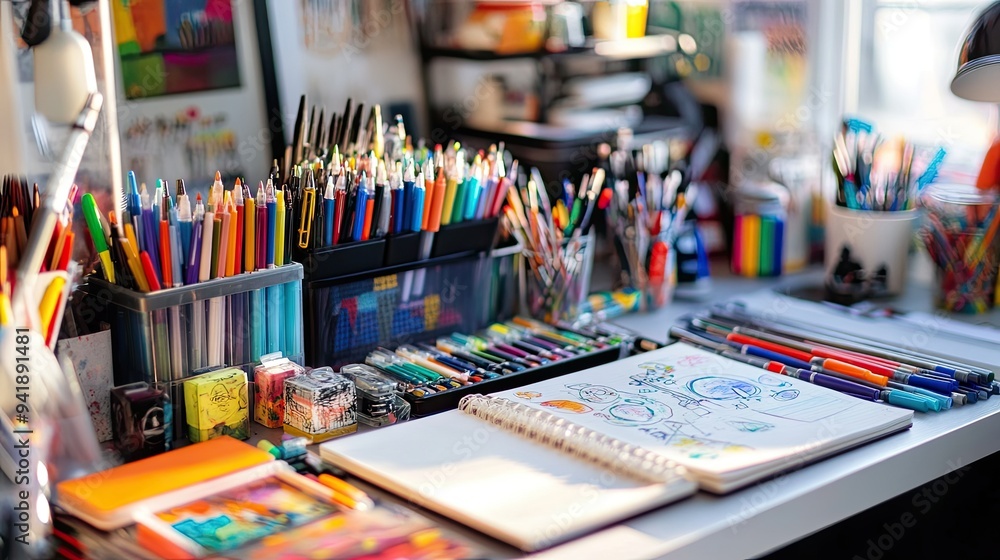 Poster detailed view of a workspace with colored pens arranged by color on a desk, alongside sketchpads and