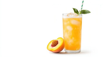 Fototapeta premium Peachy Iced Tea: A refreshing glass of iced tea with a slice of peach and a sprig of mint, perfect for summer days. The bright, vibrant colors and refreshing ingredients evoke a sense of relaxation an