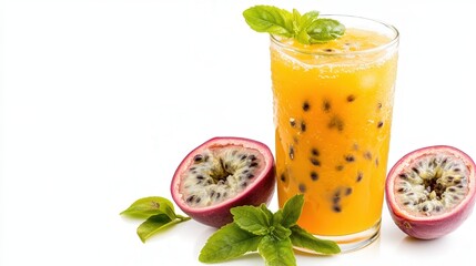 Fototapeta premium Passion Fruit Paradise: A refreshing glass of passion fruit juice, adorned with ice and basil, takes center stage alongside ripe, halved passion fruits.