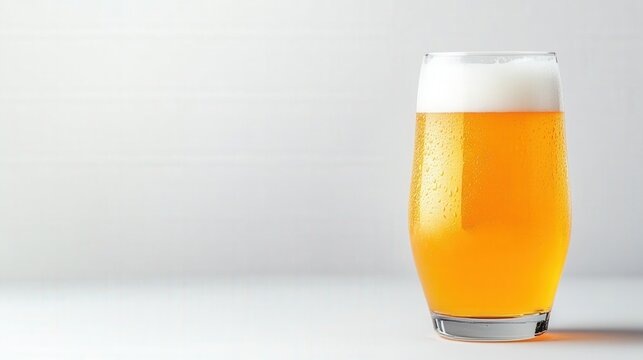 Glass of Light Beer on White Table 