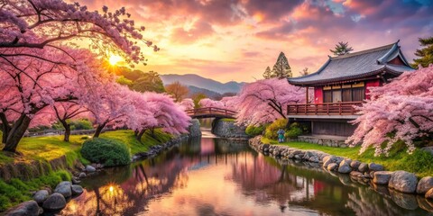 Fototapeta premium Sakura Blossom Dreamscape: Japanese, tranquil, pink, flowing, cherry blossoms