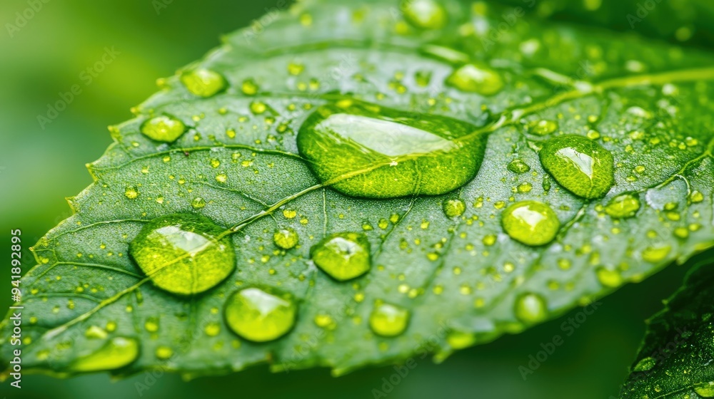 Poster detailed view of raindrops on a leaf with a macro perspective, showing the intricate details and ref