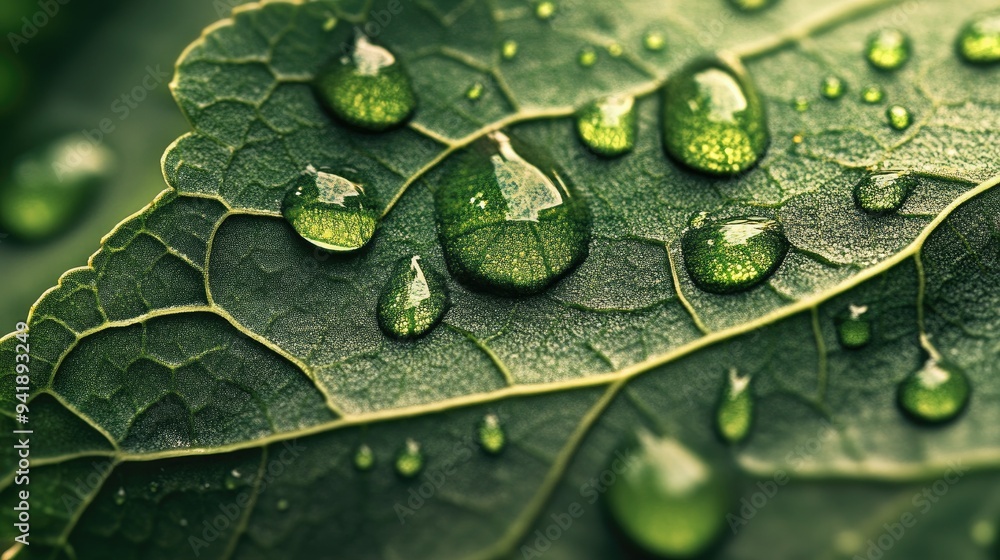 Poster detailed view of raindrops on a leaf with a macro perspective, showing the intricate details and ref