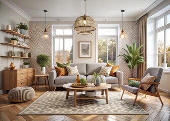 Scandinavian Winter Glow: Muted colors, geometric patterns, natural materials, cozy ambiance