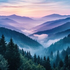Obraz premium Misty mountain valley at dawn with layers of trees and soft light