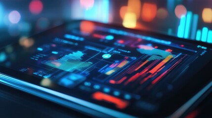 Obraz premium Digital tablet displaying a complex graph with analytics icons and technology overlays -