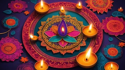 Diwali background with candles and mandala design in vivid colors Happy Diwali