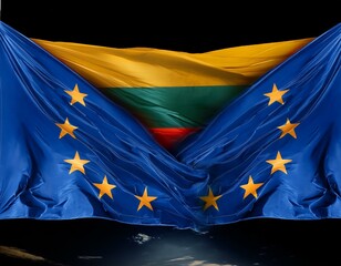 Lithuania and european union flag united in the wind on a black background