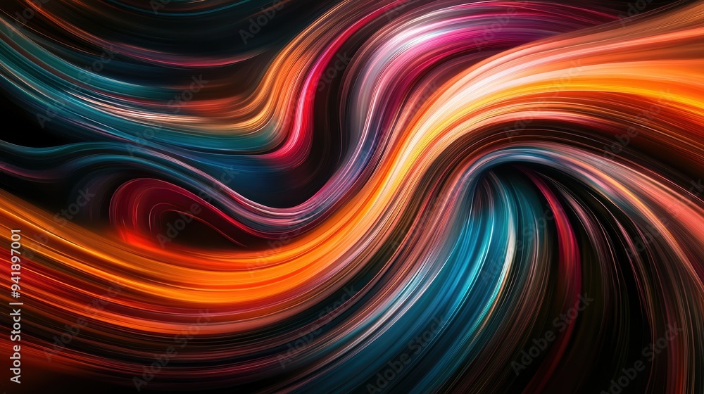 Poster dynamic swirling lines in vibrant colors, creating a sense of movement and energy, dark background -