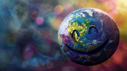 A world globe as a large bright colored smiley face with space for text or design, World Smile Day
