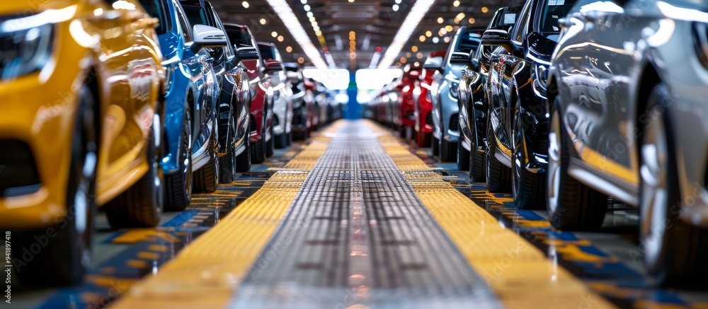 Poster a modern car plant showcases efficiency in production with a hightech assembly line where colorful c