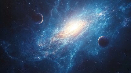 Fototapeta premium A Galactic Spiral with Two Planets in the Vastness of Space
