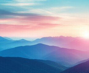 Obraz premium Vibrant mountain landscape at sunrise with colorful horizon and silhouettes