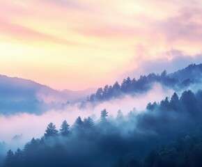 Fototapeta premium Misty sunrise over dense evergreen forest at dawn