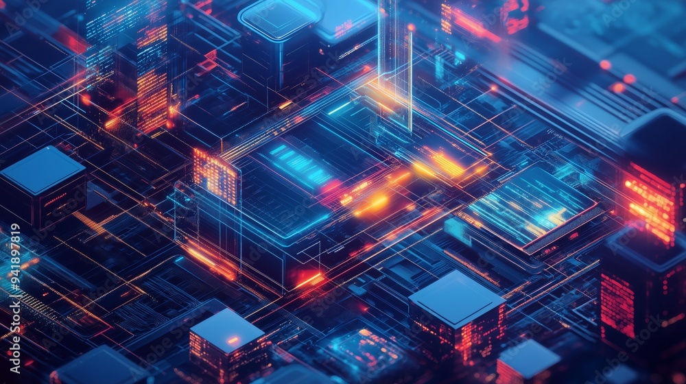 Poster an abstract depiction of a digital cityscape with glowing lights and vibrant data flows, symbolizing