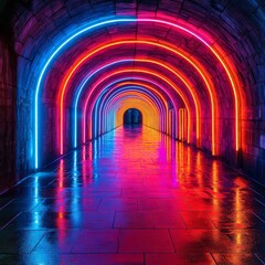 Futuristic Neon Corridor with Glowing Arches and Reflective Tiles