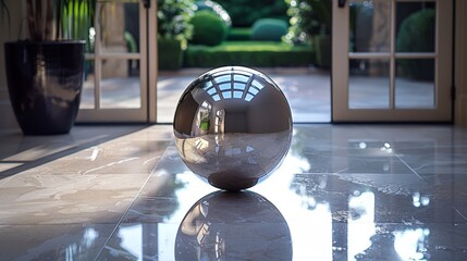 A reflective sphere resting on polished marble floors, bathed in sunlight near an elegant outdoor garden setting. Generative AI