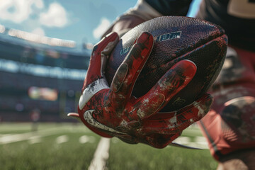 A football player is holding a dirty football in his hands