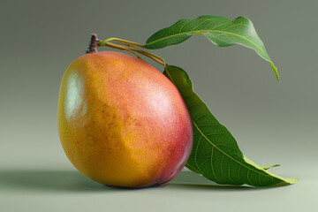 A ripe mango is shown with its stem and leaf