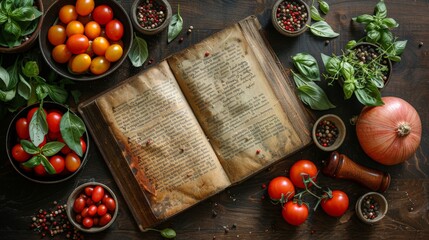 An ancient recipe book surrounded by fresh herbs and vibrant tomatoes on a rustic wooden table. Generative AI