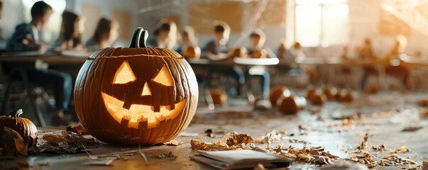 A carved pumpkin with a spooky face illuminates an autumn classroom filled with children enjoying Halloween festivities.