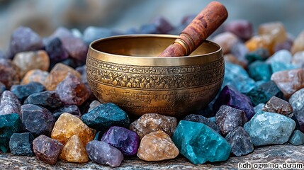 A golden singing bowl sits on a bed of colorful stones with a wooden striker.