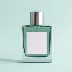 Mockup green square perfume spray bottle with blank white label, pastel background, Ai generated Images
