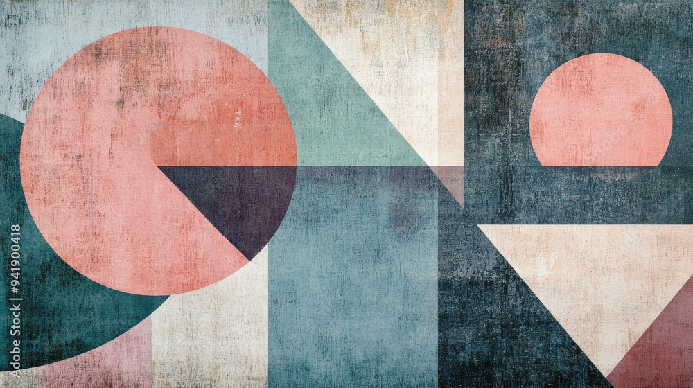Poster geometric shapes in various sizes and colors floating on a textured background, modern and stylish