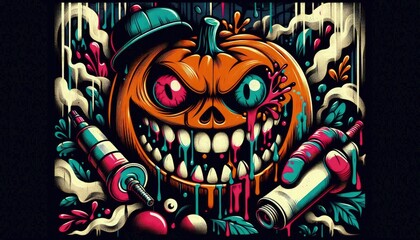Fototapeta premium Bold lithographic style artwork featuring a Halloween background with a graffiti-style pumpkin, showcasing exaggerated funny teeth and vibrant paint splashes in the eyes, set against a spooky night