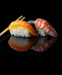 Fresh sushi selection with salmon and shrimp on black background