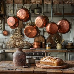 Rustic Kitchen with Hanging Copper Pots