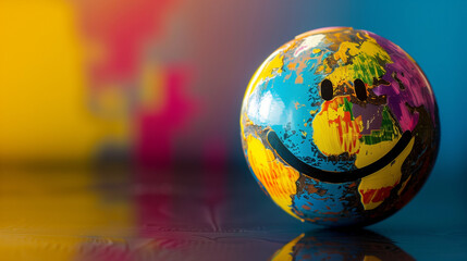 A world globe as a large bright colored smiley face with space for text or design, World Smile Day