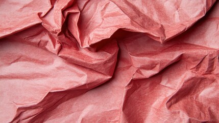 This image presents a dynamic scene of crumpled pink paper with deep folds and shadows, highlighting the dramatic interaction of texture and light to create visual interest.