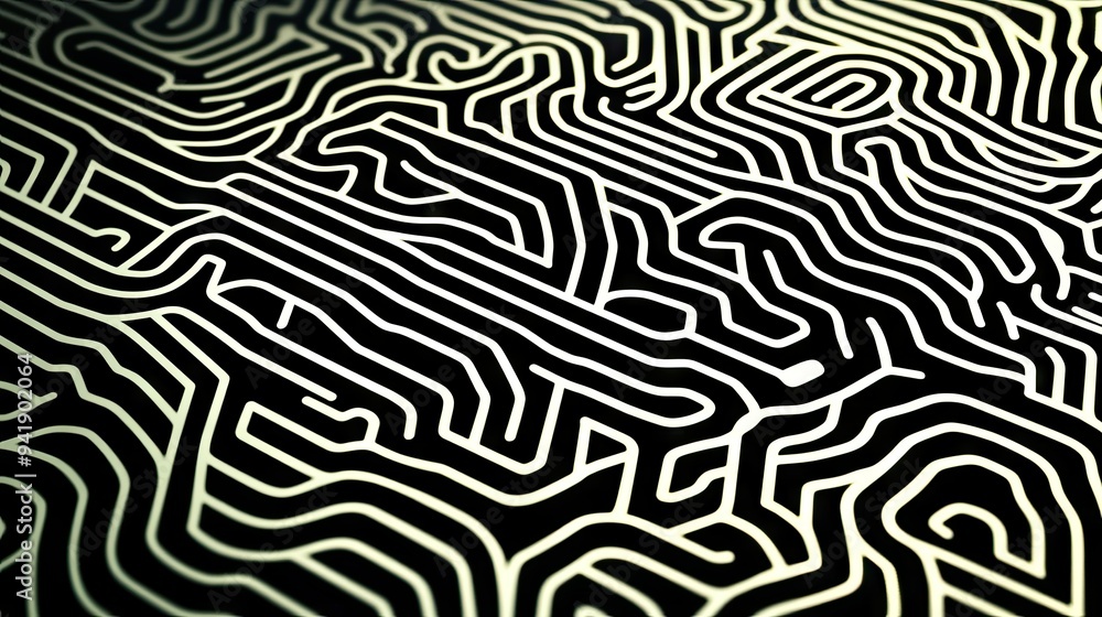 Poster high-contrast abstract lines forming a maze-like pattern, futuristic and intricate design -
