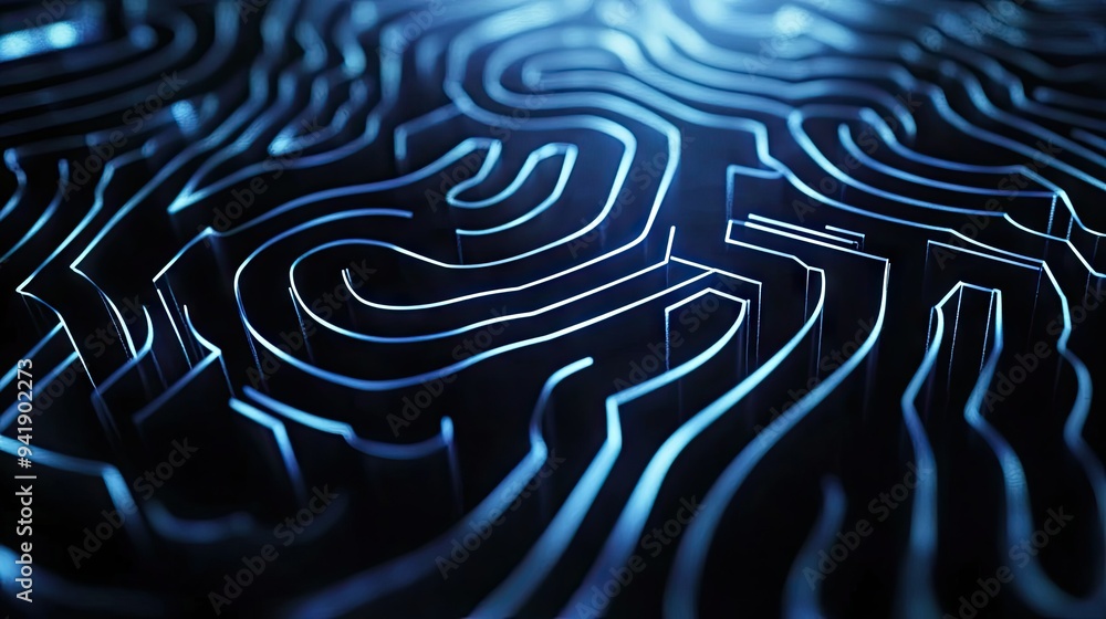 Poster high-contrast abstract lines forming a maze-like pattern, futuristic and intricate design -