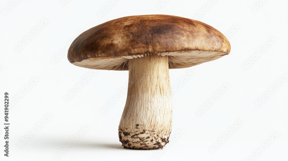 Fototapete A high-resolution image of a single mushroom, such as a shiitake or portobello, showcasing its texture and details against a white backdrop.