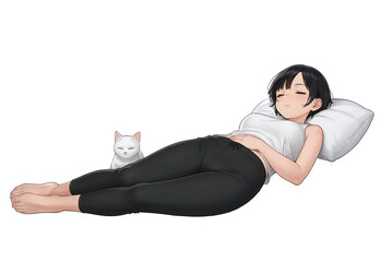 Girl sleeping on a pillow with a cat, on a white background. In anime style.
