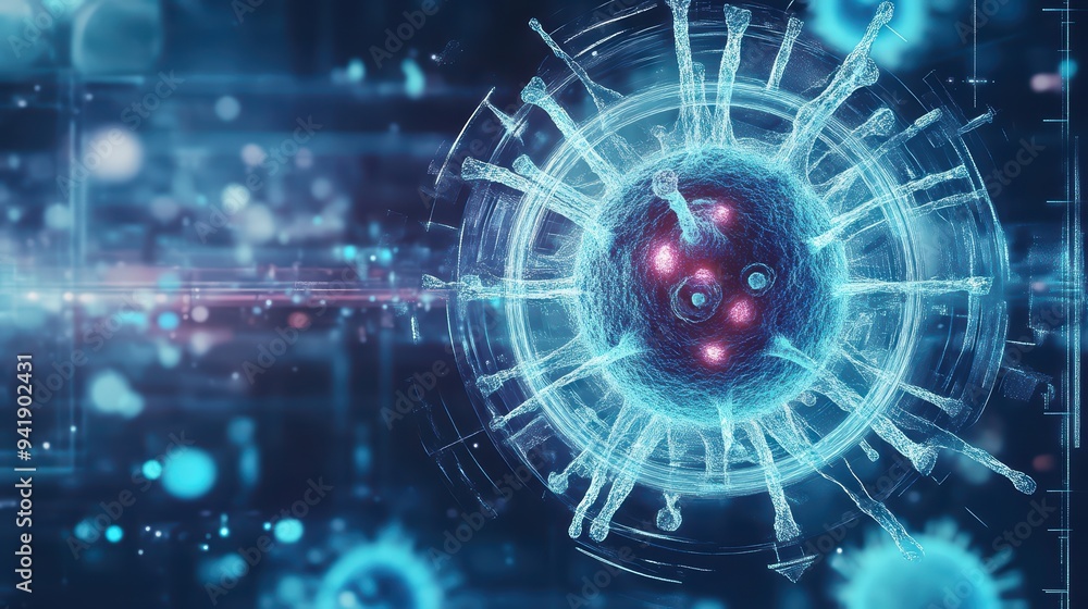 Poster a detailed visualization of a virus structure in a high-tech digital environment, showcasing intrica