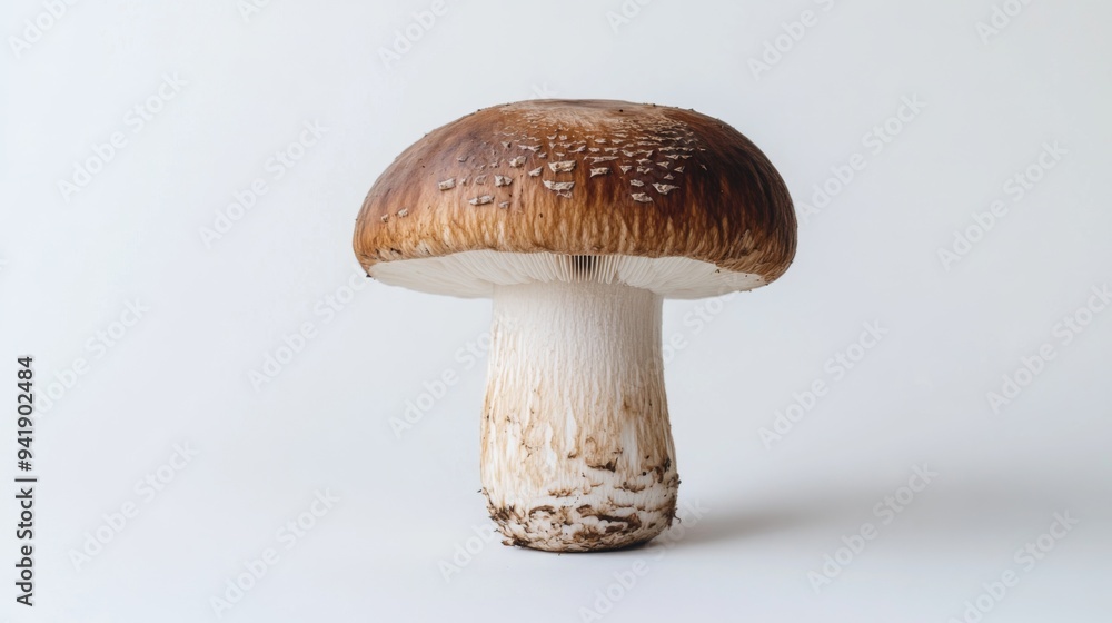 Fototapete A high-resolution image of a single mushroom, such as a shiitake or portobello, showcasing its texture and details against a white backdrop.