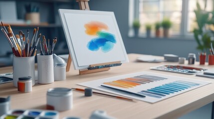 Show an artist's studio evolving from paintbrushes and canvases to digital tablets and 3D printing tools.