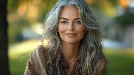 Naklejka premium beautiful woman with gray hair smiling sitting on the grass in city park portrait.illustration