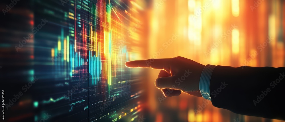 Poster a hand pointing at digital graphs with vibrant colors, representing data analysis and technology adv